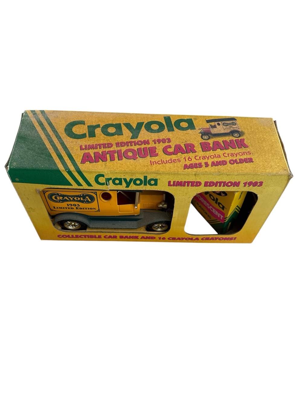 Vintage 1993 collectible Crayola Yellow Antique Car Bank in Branded Box